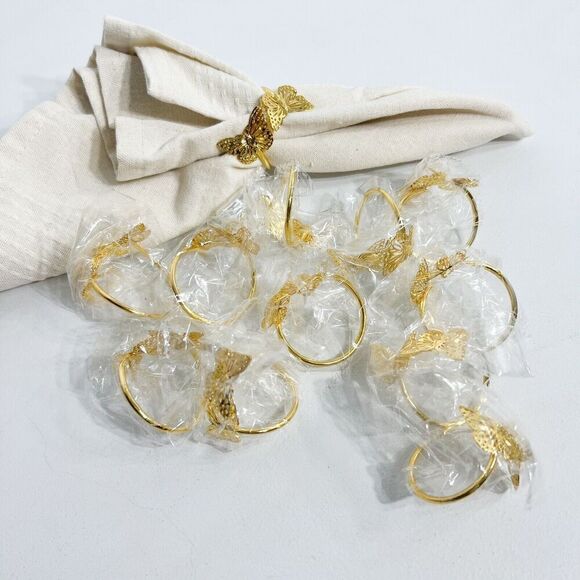 Napkin Rings Twin Butterfly Gold Tone Metal Set of 12 Dinner NEW - Picture 5 of 5